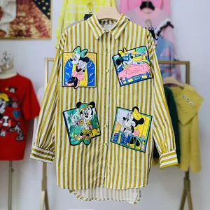 Mid-Length Shirt for Women 2022 Spring Summer New Loose Top Cartoon Printed All-Matching Fashion Polo Collar Long Sleeve Blouse