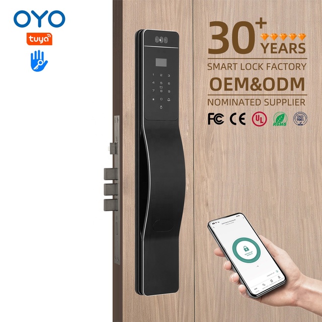 OYO Digital NFC Biometric 3D Face Recognition Black Splash-proof Resort Smart Door Lock Electronic Display Door Bell Camera