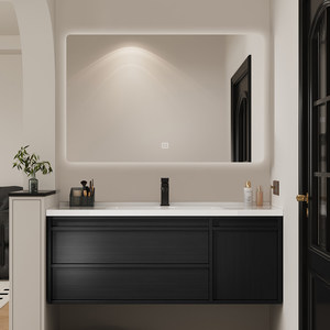 Meuble de salle de bain de style mi-moderne, luxe léger, avec miroir intelligent et plan de travail en céramique noire, finition grain de bois foncé et rangement intégré. - Product Image 4