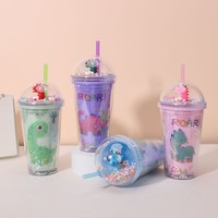 Gobelet réutilisable de 450 ml à double paroi, sans BPA, en plastique écologique, avec couvercle anti-fuite, motif dinosaure préhistorique de dessin animé, mini