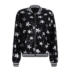 Loveda Custom Women Autumn Winter <strong>Sequined</strong> Star <strong>Silver</strong> Embellished Zipper <strong>Jacket</strong> - Product Image 3