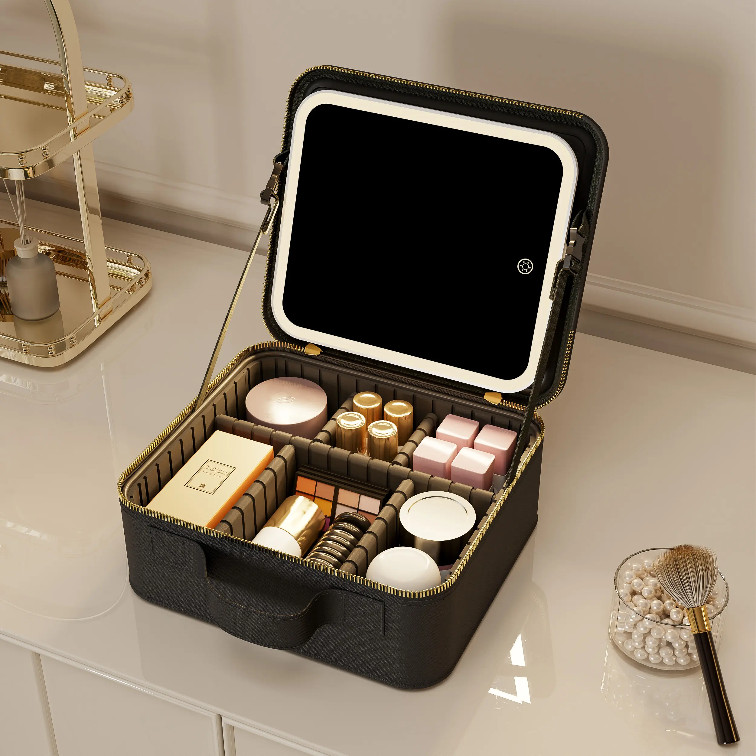 Portable Beauty Light Up Travel Storage Lighted Box Vanity Makeup Bag Case With Led Light Mirror