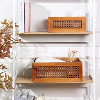 Ensemble de 4 paniers de rangement rectangulaires en cannage de bois massif CF pour bibliothèque et présentoir de serviettes