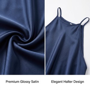 Robe de soirée élégante et luxueuse bleu marine satiné, col halter, dos nu, sans manches, coupe fluide, style swing, personnalisable OEM ODM - Product Image 6