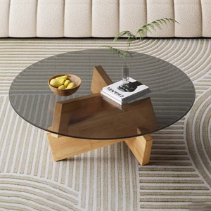 Table basse ronde moderne pour salon, table basse en bois massif avec plateau en verre noir, petite table basse - Product Image 2