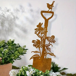 MH MH0001 Décoration de jardin <span class=keywords><strong>en</strong></span> <span class=keywords><strong>fer</strong></span> <span class=keywords><strong>rouillé</strong></span> marron avec fleur de lys et oiseau, style pelle, simplicité moderne, pour jardin, pelouse, pot de <span class=keywords><strong>fleurs</strong></span>, insertion au sol - Product Image 1