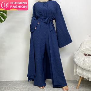 1958# New Style Three Piece Women <b>Cardigan</b> Set Muslim Open Abaya Sleeveless Top and Elastic Waist Loose Pant With Pockets Sets - Product Image 1