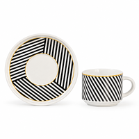 Service de table en porcelaine fine rayé noir et blanc personnalisé, avec bordure dorée géométrique, assiettes, bols et tasses en céramique