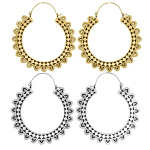 Grandes boucles d'oreilles créoles en laiton, ethniques, tribales, aztèques, hippies, bohèmes, pendantes, indiennes, tibétaines, rondes, plaquées argent - Product Image 1