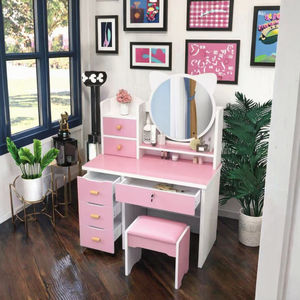 Moderno Juego de <span class=keywords><strong>Tocador</strong></span> Rosa Claro con Espejo LED HD para Dormitorio de <span class=keywords><strong>Niñas</strong></span>, Hotel, Apartamento, Sala de Estar, Nuevo Diseño, Panel de MDF - Product Image 2