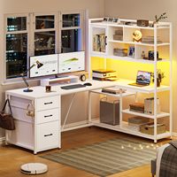 Bureau d'angle pour le travail à domicile de 66 pouces avec tiroir à dossiers et prise électrique, bureau de jeu en forme de L avec éclairage LED, bureau d'ordinateur pour deux personnes