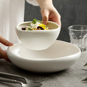 White Ceramic Tableware Restaurants Large Size Deep Porcelain <b>Soup</b> Salad Bowls Personable Dishes Plates Commercial Use - Product Image 1
