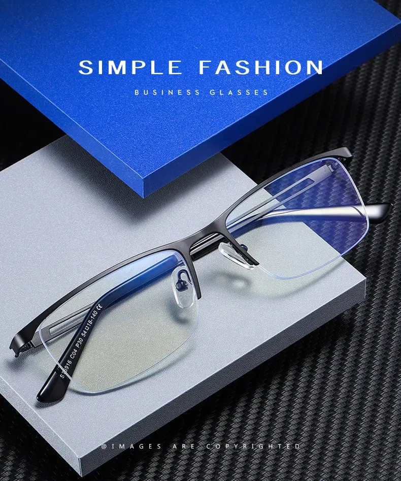 New metal half frame business men small flat lens optical frame fashionable blue light blocking glasses