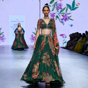 <b>Green</b> <b>Silk</b> Floral Embroidered Indian Pakistani Set V Neck Crop Top Full Length Lehenga Printed Dupatta Quick Dry Women Dress - Product Image 1