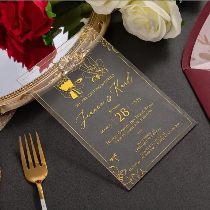 Personalizado Real Luxuoso Transparente Limpar Ouro Impressão Festival Quinceanera Aniversário Casamento Cartão De Convite Acrílico