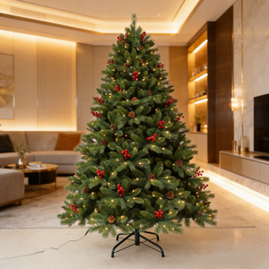 <span class=keywords><strong>Sapin</strong></span> de Noël artificiel pré-éclairé avec des cônes de pin et des baies rouges pour la décoration de la maison, du bureau et des fêtes, plusieurs tailles - Product Image 1