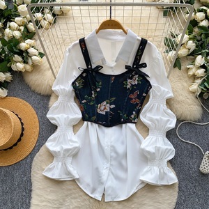 Ensemble deux pièces pour femme, style romantique français, manches lanternes, chemise à nœud papillon, taille cintrée, pour un style automnal doux. - Product Image 3