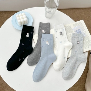 <span class=keywords><strong>Chaussettes</strong></span> mi-mollet pour femmes style ballet français, motif chiot de dessin animé mignon, style Mori avec nœuds - Product Image 2
