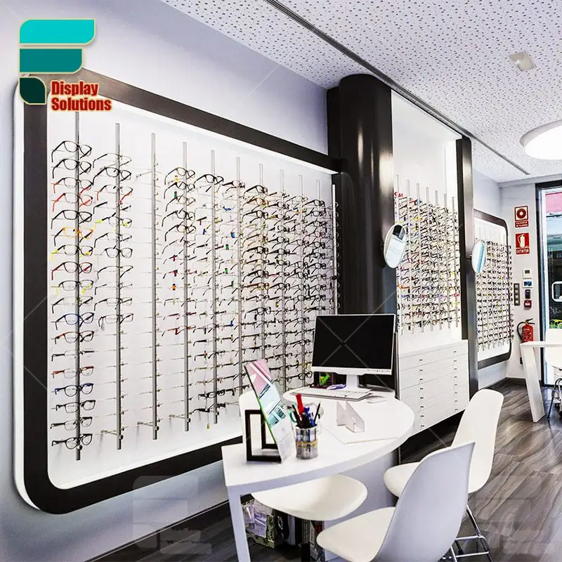 Muebles ópticos para exhibición de gafas de pared, barra de exhibición de gafas en forma de S de acero inoxidable, mesas y sillas de recepción blancas