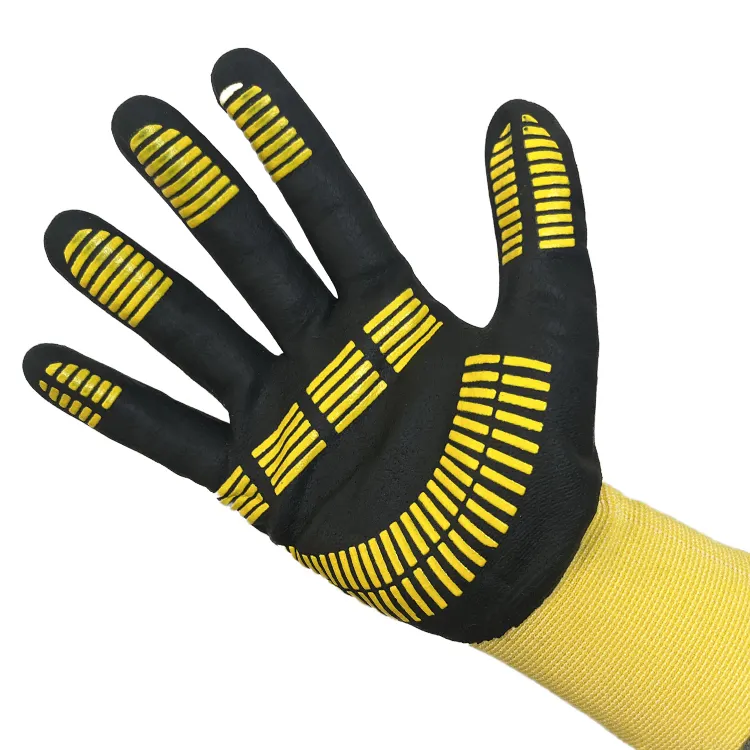 Sarung tangan celup busa mikro nitril, dilapisi nitril telapak tangan, sarung tangan kerja tahan abrasi cangkang keselamatan nilon