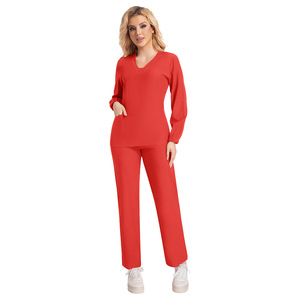 Women's V-Neck Long Sleeve <b>Scrub</b> Set Moisture Wicking Split Uniform Hospital Workwear Red - Product Image 2