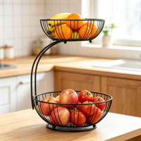 Panier de rangement rond à 2 niveaux grande capacité pour fruits et légumes, idéal pour le salon, la cuisine et les collations