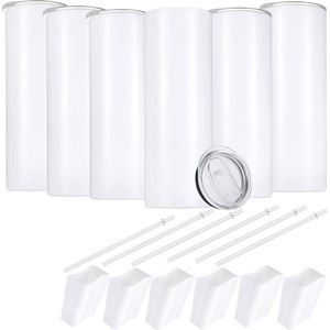 Lot de 25 gobelets en plastique pour sublimation sous vide, 20 oz, vierges, fins, à fond plat, blancs, avec couvercle et paille - Product Image 1
