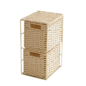 Home office handicraft table woven paper rope 2 drawer storage cabinet