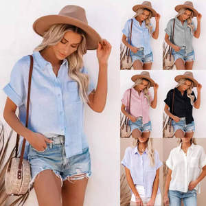 <span class=keywords><strong>Camisa</strong></span> de manga corta de <span class=keywords><strong>lino</strong></span> y algodón para <span class=keywords><strong>mujer</strong></span> de verano 2025 EBay cuello vuelto botón estilo Casual patrón sólido - Product Image 1