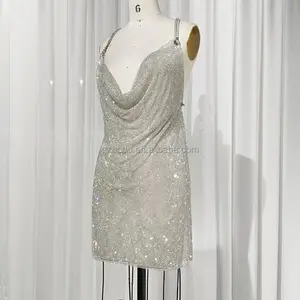 Abito da sera Midi in maglia di diamante di cristallo Sexy con strass in argento lucido Bling per le donne