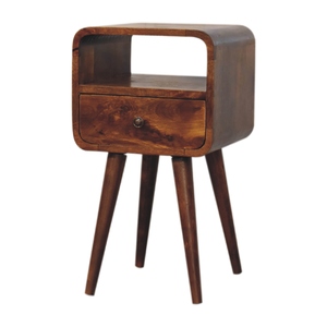 Solid Wood Mini Curve Bedside 1 Drawer 1 Open Slot <b>Chestnut</b> Brown Nightstand Bedroom Storage - Product Image 4