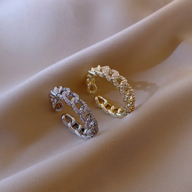 2022 Mode Accessoires 18K Echt Goud Verzilverd Cubaanse Chain Ring Iced Out Pave Open Pave Diamond Verstelbare Ketting ringen