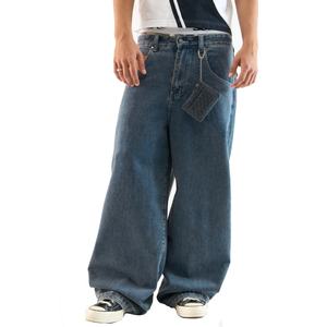 Vaqueros de mezclilla 100% algodón de lavado oscuro, de pierna ancha, holgados, con múltiples bolsillos de parche extragrandes y costuras decorativas. - Product Image 2