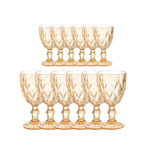 Wholesale Hot Selling Vintage Glass Colored Water Wine Goblets Glassware Retro Cup For Home Bar Party Pink Blue Custom Diamond
