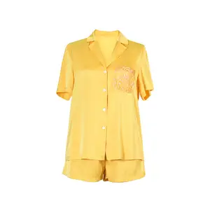 New Weaving Short Sleeve Lounge Wear Solid Color Casual Yellow Pj For Women