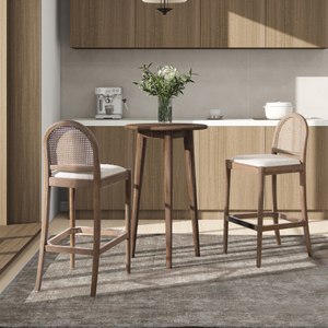 Counter Height <b>Bar</b> <b>Stools</b> Set <b>2</b> Adjustable Mid Century Modern Wood Rattan Back Comfortable Sherpa Upholstery Dining Bedroom - Product Image 1