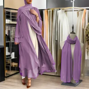 YWQS Middle East Dubai Women's Long Design Double Chiffon Cardigan Robe Breathable Islamic Clothing Abaya with Hijabfor Adults