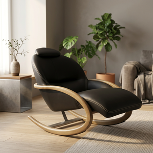 Modern Black PU Leather Rocking Recliner Chair With Wooden Frame Living Room Furniture Midcentury Style Manual Operation - Product Image 2
