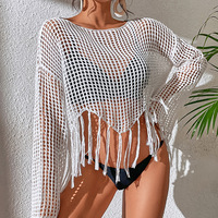 2024 nouveau pull ample sexy col en v frange plage couverture soleil protéger sexy évider robe de plage