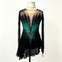 Costume de patinage artistique noir et vert dégradé avec strass, jupe en maille à dos profond ouvert pour filles et adultes, compétition de danse sur glace