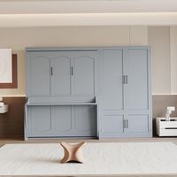 Lit mural moderne gris en métal, taille Queen, avec placard intégré et rangement pour armoire
