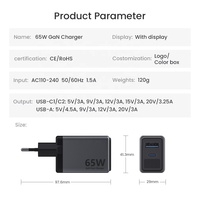 Chargeur Super Rapide 65W GaN USB C Compact PD3.0 PPS QC4.0 avec Affichage Numérique OTP & OVP Chargeur Mural pour Téléphone & Ordinateur Portable