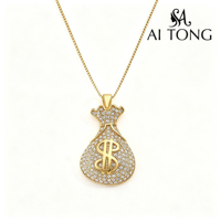 Collier pendentif sac d'argent avec signe dollar CZ serti de pierres, en acier inoxydable plaqué or 18 carats et argent, style Hip Hop, pour hommes et femmes, anniversaire, vente en gros