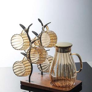 Ensemble de carafes en verre ambré avec couvercle doré, <span class=keywords><strong>carafe</strong></span> à eau côtelée en borosilicate, unité d'organisation de cuisine - Product Image 3