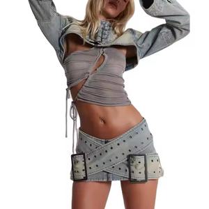Nuevo Conjunto de Mezclilla para Mujer de Alta Calidad, Top Corto Sexy con Hombros Caídos, Minifalda en Línea A, Mezclilla Deslavada con Efecto Ácido - Product Image 4