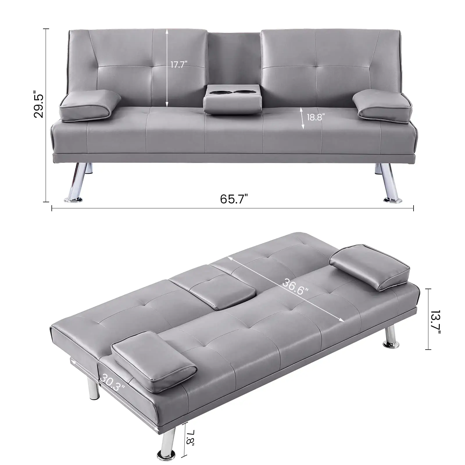 Sofa konversi hemat ruang, tempat tidur Futon kulit imitasi fungsi dapat disesuaikan untuk area kecil abu-abu