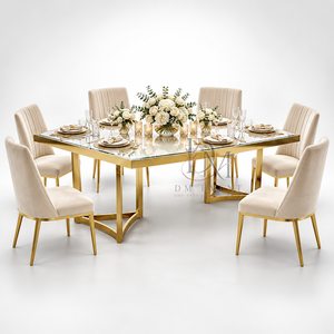 Table de salle à manger rectangulaire en verre miroir en acier inoxydable doré de qualité supérieure avec base ouverte géométrique pour banquets d'hôtel (vente en gros) - Product Image 2