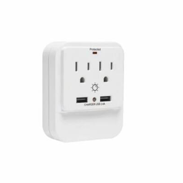 Surge Protector Plug-in Night Light with 2-Outlet Extender, Warm White LED Nightlight with Dusk-to-Dawn Sensor Wall Tap
