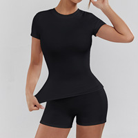 Set Yoga Wanita Pinggang Tinggi Pengangkat Pinggul, Bahan Bernapas, Menyerap Keringat, Kerah Bulat, Cepat Kering, Dua Potong, Pakaian Olahraga untuk Fitness Pilates