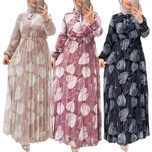 Solid Color Polyester Islamic Clothing Manufacturers 2024 Modern Leaves Pattern Arab Dubai Muslim Floral Dresses For Women Girl